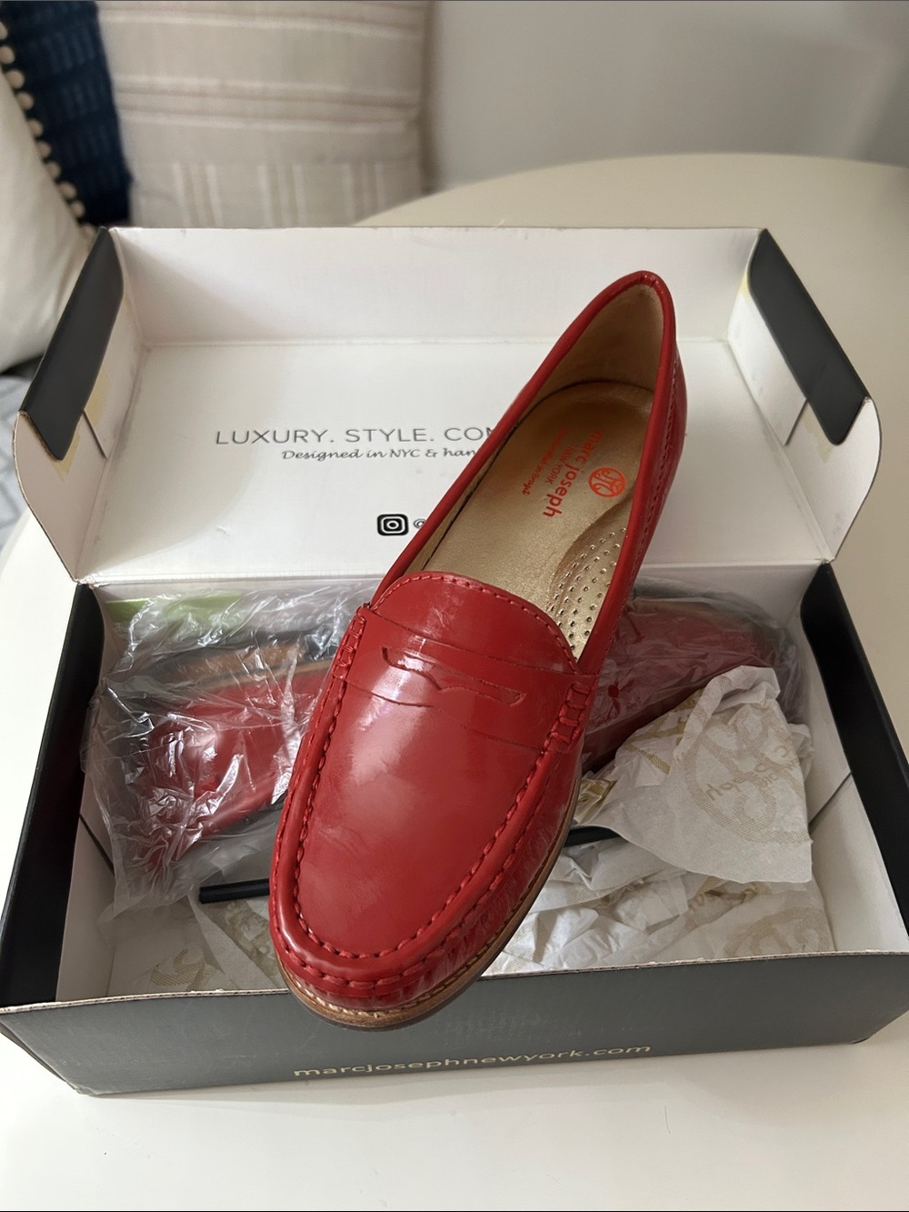 Marc Joseph New York Red Leather Penny Loafers for Women
